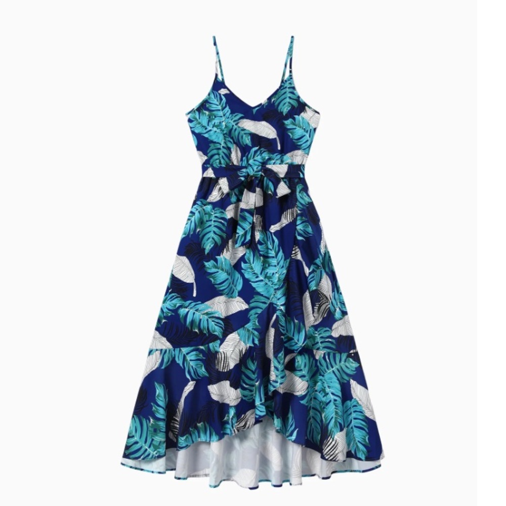 Patpat Feather and Tropical Leaf Pattern Wrap Spaghetti Strap Blue Dress Size XL